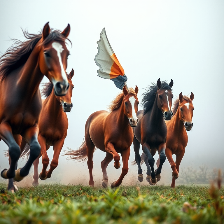 Generate a high-resolution watercolor painting of five horses running through a misty landscape, captured with a Canon EOS R5, 50mm f/1.2 lens, aperture set to f/2.8, ISO 100, at a low angle to enhance perspective and depth.