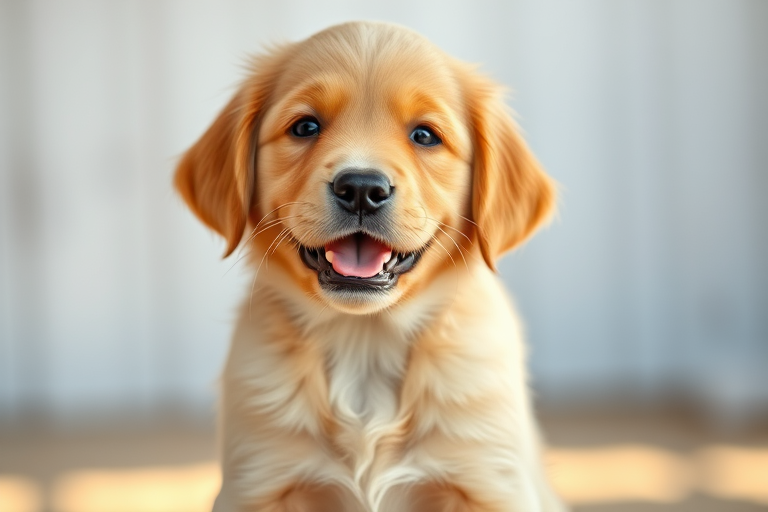 regenerate an image of a golden retriever puppy with a playful expression in a soft-focus background, captured in natural light, using a Canon EOS R5, 50mm f/1.2 lens, aperture set to f/2.8, ISO 200, shutter speed 1/160s, portrait orientation, high-resolution settings