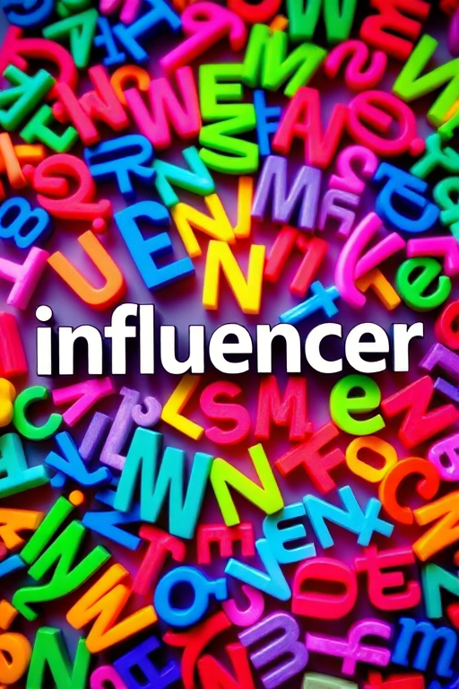 Create a vibrant digital artwork featuring the word "influencer" in the center, surrounded by a chaotic arrangement of colorful letters in various fonts, using a Canon EOS R5 with a f/2.8 aperture, 50mm lens, and a shutter speed of 1/60 seconds, in a high-contrast style and macro view for enhanced clarity and detail.