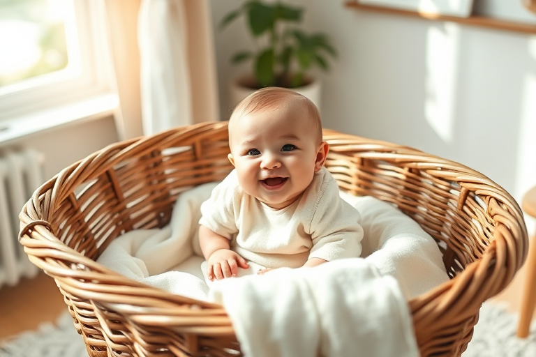 Create a cozy indoor scene of a smiling baby in a wicker bassinet with soft blankets, sunlit room with pastel colors, natural light, f/2.8 aperture, ISO 200, 50mm lens, portrait style, digital camera.