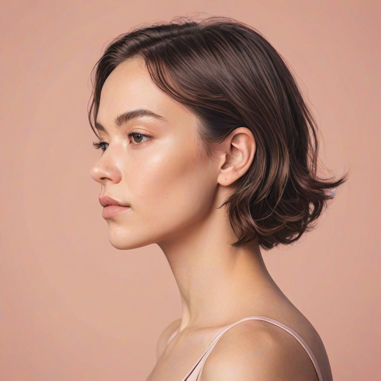 Create a minimalist line art illustration of a woman in profile against a solid pastel background, using a Canon EOS R5 with a 50mm f/1.2 lens, aperture set to f/2.8, ISO 100, and a soft focus effect for smooth skin tones and gentle color gradients.