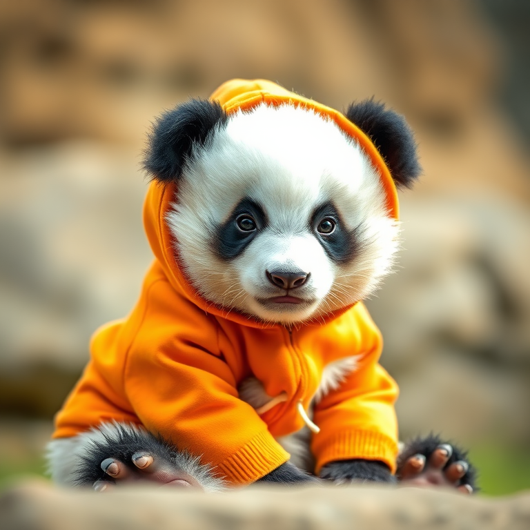 A cute panda cub wearing an orange hoodie, sitting in a relaxed pose, soft natural lighting, 50mm lens, f/2.8 aperture, 1/125 sec, ISO 200, shallow depth of field, captured with a DSLR camera.