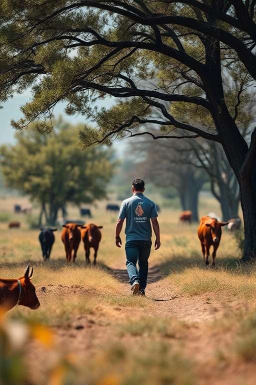 regenerate an image of a person walking through a rural landscape with trees and cattle, using a DSLR camera with a 50mm lens, f/2.8 aperture, ISO 100, 1/250 second shutter speed, in natural light to enhance depth and clarity, captured at eye level with a shallow depth of field