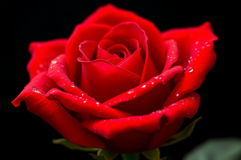 Close-up of a red rose with dewdrops on its petals, shot with a macro lens, f/2.8 aperture, 1/200 sec shutter speed, ISO 100, natural light, black background.