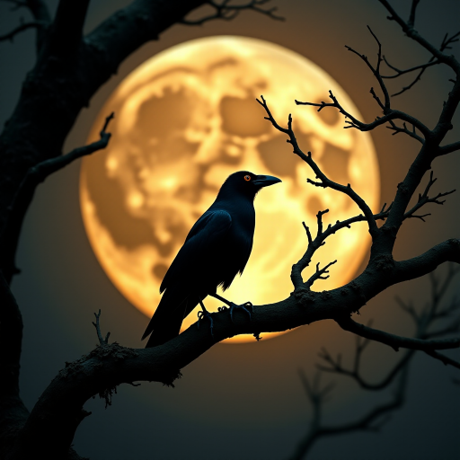 A fantastical photo featuring the silhouette of a crow perched on the branches of a tree, set against the backdrop of a large, luminous moon. Incorporate fantasy elements into the posture of the crow and the shape of the branches, depicting a mysterious scene illuminated by the moonlight on a tranquil night. Use warm tones to enhance the cozy atmosphere of this enchanting and elegant scene. insanely detailed, High contrast and low saturation.
