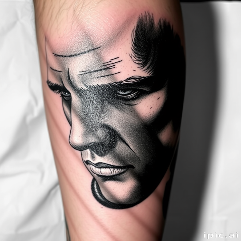 Realistic black and grey tattoo titled "Shadows and Light" showcasing exceptional shading and contrast to create a hyper-detailed portrait with dramatic lighting effects
