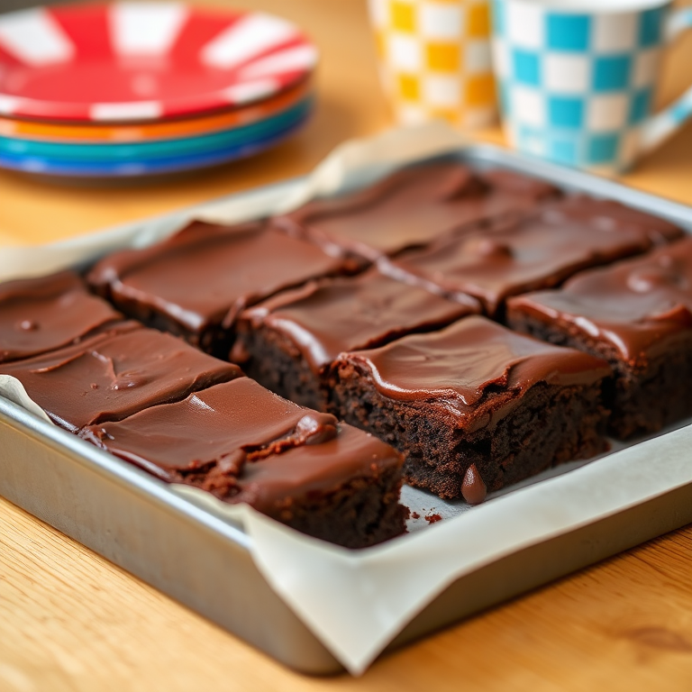 A freshly baked pan of chocolate brownies with a glossy frosting cut into squares sitting on a wooden table with colorful plates and checkered cups in the background.