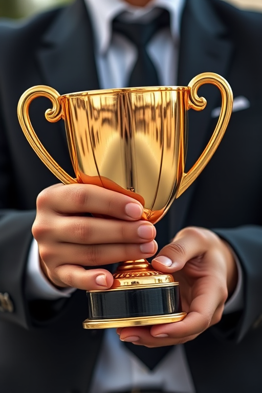 Create a high-resolution image of a person in a suit holding a golden trophy with a shallow depth of field, taken from a close-up angle at f/2.8 aperture, ISO 100, 1/200 sec shutter speed, using a DSLR camera with a 50mm lens in natural daylight.