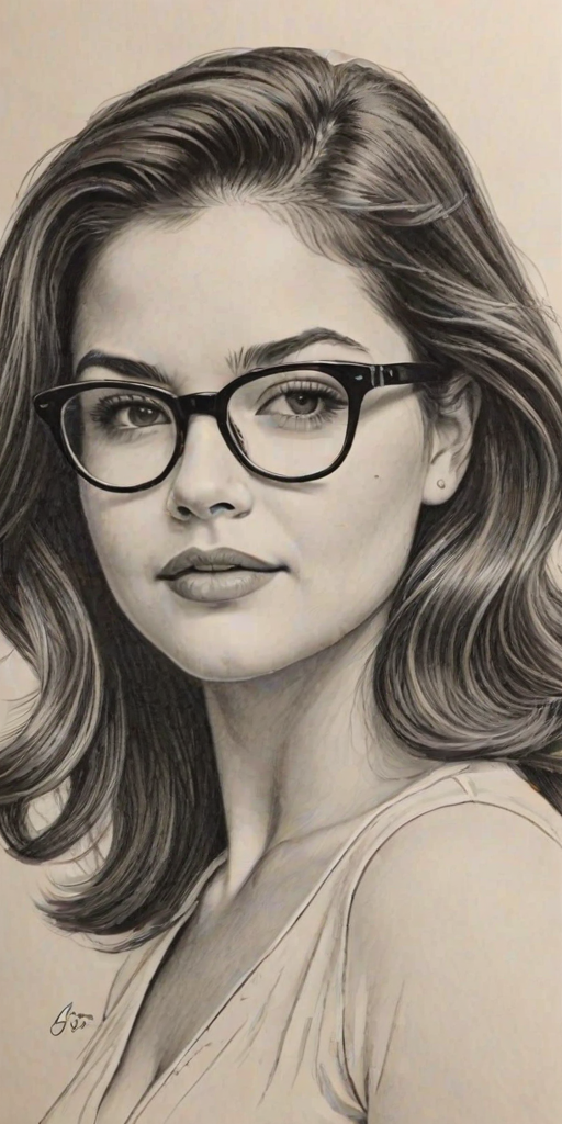 Ravishing Danielle Campbell, pencil sketch, portrait of Radiant woman 1951s in glasses, hair style beatnik, outline, clear lines, fine lines, 8k
