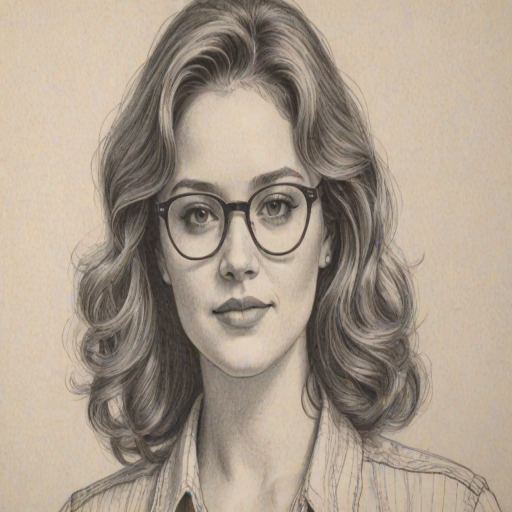 Radiant Kether Donohue, pencil sketch, portrait of Fetching woman 1976s in glasses, hair style beatnik, outline, clear lines, fine lines, 8k