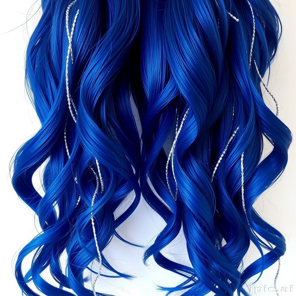 Midnight blue mermaid waves reaching down to the waist, dubbed "Oceanic Cascade," with silver tinsel strands interwoven for a magical, starry night effect