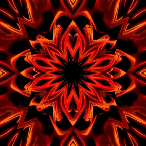 regenerate an intricate symmetrical pattern with vibrant red, orange, and yellow swirling lines on a dark background, using a high-resolution digital camera, f/2.8 aperture, ISO 100, 1/60s shutter speed, top-down view, and soft focus style to enhance depth and clarity