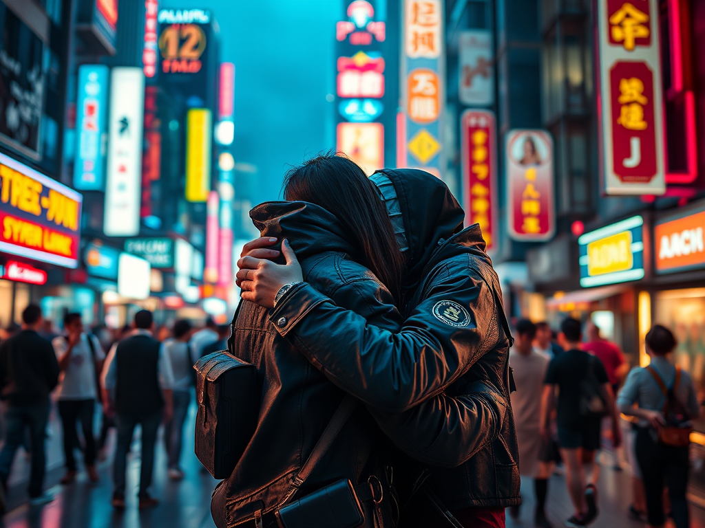 Create a cyberpunk scene featuring two characters embracing in a vibrant, neon-lit city with a crowd in the background, using a Canon EOS R5, 50mm lens, f/1.8 aperture, ISO 200, at dusk, with dramatic lighting and high contrast for enhanced image quality.