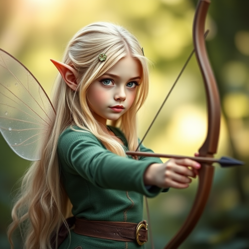 Create an image of a fairy-like elf with long blonde hair, wearing a green outfit, holding a decorated bow and arrow, with a soft-focus background, captured in a high-resolution digital style using a DSLR camera, aperture f/2.8, ISO 100, 50mm lens, in natural lighting.