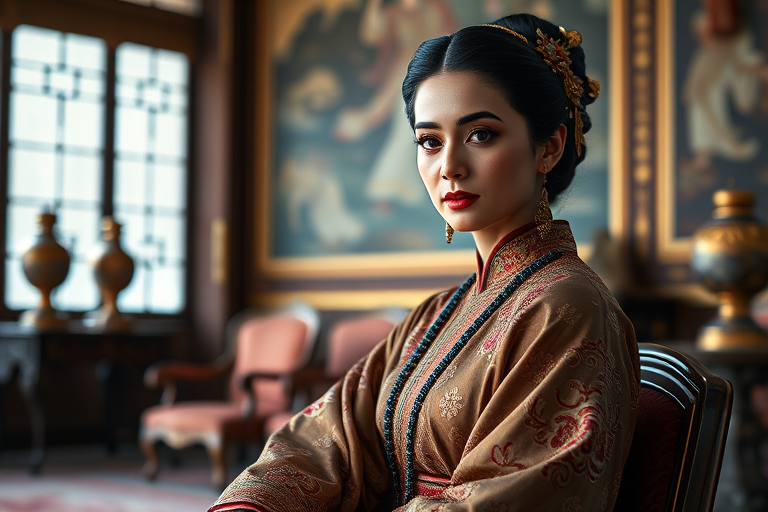 A beautiful Sephardic woman in traditional East Asian attire, intricately detailed with embroidered patterns, sitting gracefully in a richly decorated room, soft ambient lighting, serene and elegant, ultra-realistic, 8K resolution