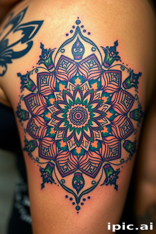Ornate mandala tattoo bursting with intricate patterns and symmetrical designs, incorporating delicate dotwork shading and vibrant jewel tones of sapphire, emerald, and amethyst for a mesmerizing effect