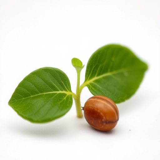 generate a highly detailed illustration of a seedling with two green leaves and a brown seed, using a macro lens, f/2.8 aperture, 1/200 sec shutter speed, and a shallow depth of field to enhance the clarity and vibrancy on a plain white background.