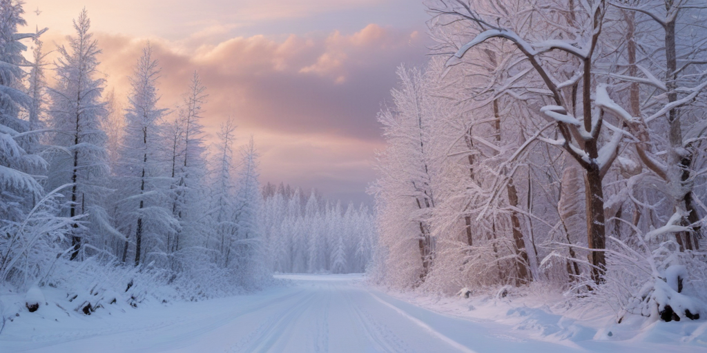 A Serene Winter Landscape with Snow-Covered Trees and a Tranquil Pathway