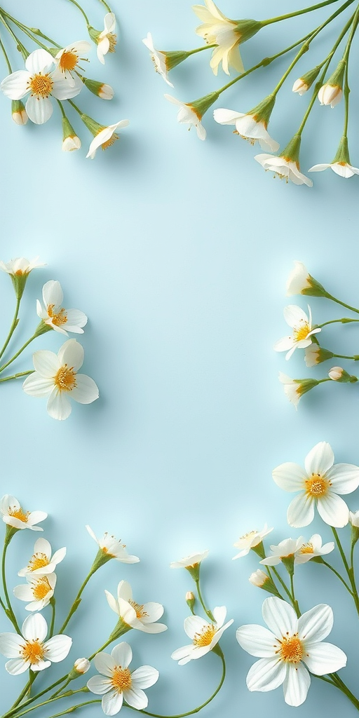Create a floral background design with white flowers on a soft blue background, using a DSLR camera with a 50mm lens, f/2.8 aperture, ISO 100, soft lighting, overhead view to enhance detail and texture.