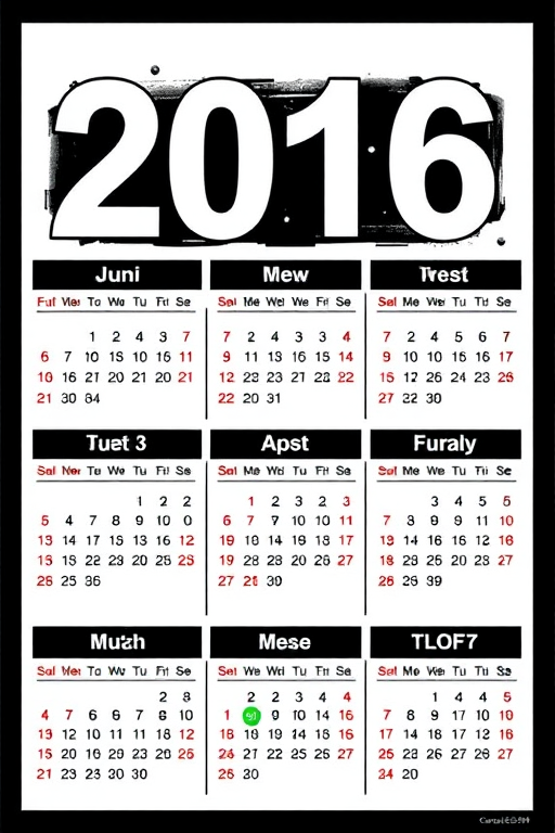 Create a high-resolution image of a yearly calendar for 2016, featuring a clean design with bold black borders, clearly marked dates in red and green, and a modern font; use a Canon EOS R5 with a 24-70mm f/2.8 lens, aperture set to f/5.6, ISO 100, and a shallow depth of field to enhance visual clarity and contrast.