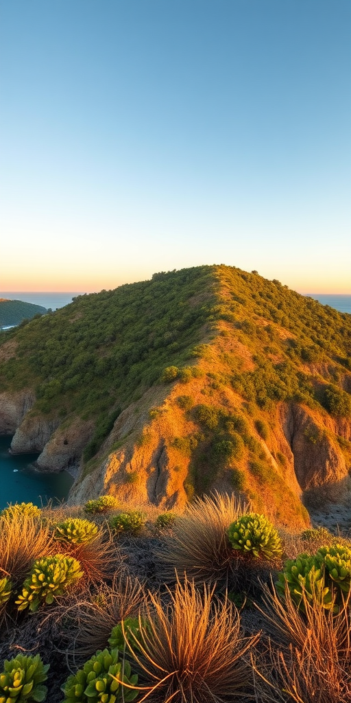 Create a high-resolution landscape photograph of a coastal hill with lush greenery and a serene bay below, captured at sunrise with a Canon EOS 5D Mark IV, 24mm lens, f/8 aperture, ISO 100, and a shutter speed of 1/250 seconds, using a wide-angle perspective to showcase the vibrant colors and details of the scenery.