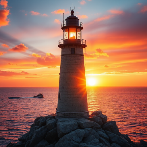 Generate an image of a tall lighthouse perched on a rocky outcrop surrounded by calm ocean waters during a breathtaking sunset. The lighthouse stands sturdy and weathered, its stone surface illuminated by the warm golden light of the setting sun. The sun's rays pass directly through the glass lantern room at the top of the lighthouse, casting a brilliant light across the scene. The sky is painted with vibrant shades of orange, pink, and purple, reflecting off the tranquil sea. The surrounding water shimmers with the same warm hues, creating a serene and majestic atmosphere.
