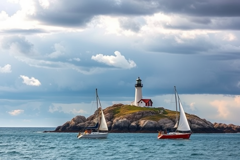 Generate a high-resolution landscape image of a lighthouse on a rocky island with sailboats in the foreground under a cloudy sky, using a DSLR camera with a 24mm lens, aperture f/8, ISO 100, and a dynamic range optimization feature for enhanced detail and contrast.
