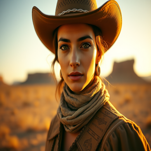 Dramatic photo of a beautiful Assyrian woman, classic cowboy attire, confident and free spirit expression, half-length portrait, centered, golden hour desert landscape, warm, diffused light, low angle, medium format film camera, in style of Annie Leibovitz.