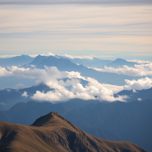 mountain landscape with layered peaks and clouds, 50mm lens, f/8 aperture, ISO 100, shot from a high vantage point with a telephoto lens, using a DSLR camera, high dynamic range for enhanced detail and clarity