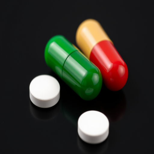 Create an image of three pills: a shiny green capsule, a shiny red capsule, and a plain white tablet on a black background, using a DSLR camera with a 50mm lens, f/2.8 aperture, ISO 100, and a shallow depth of field for enhanced clarity and detail.