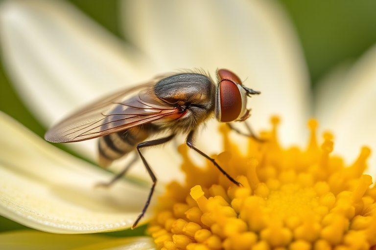 macro shot of a fly resting on a flower with detailed textures, f/8 aperture, 1/200 sec shutter speed, ISO 100, 100mm lens, soft natural lighting, taken with a DSLR camera.