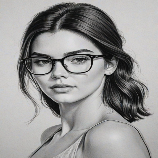 Captivating Kendall Jenner, pencil sketch, portrait of Dazzling woman 1957s in glasses, hair style beatnik, outline, clear lines, fine lines, 8k