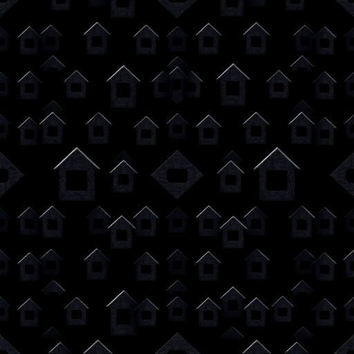 create an image of a seamless pattern with a repeated geometric design featuring black shapes resembling abstract houses on a dark background, camera type: DSLR, camera style: macro photography, camera settings: aperture f/8, ISO 100, shutter speed 1/200 sec, focus on sharp details and vibrant contrast.