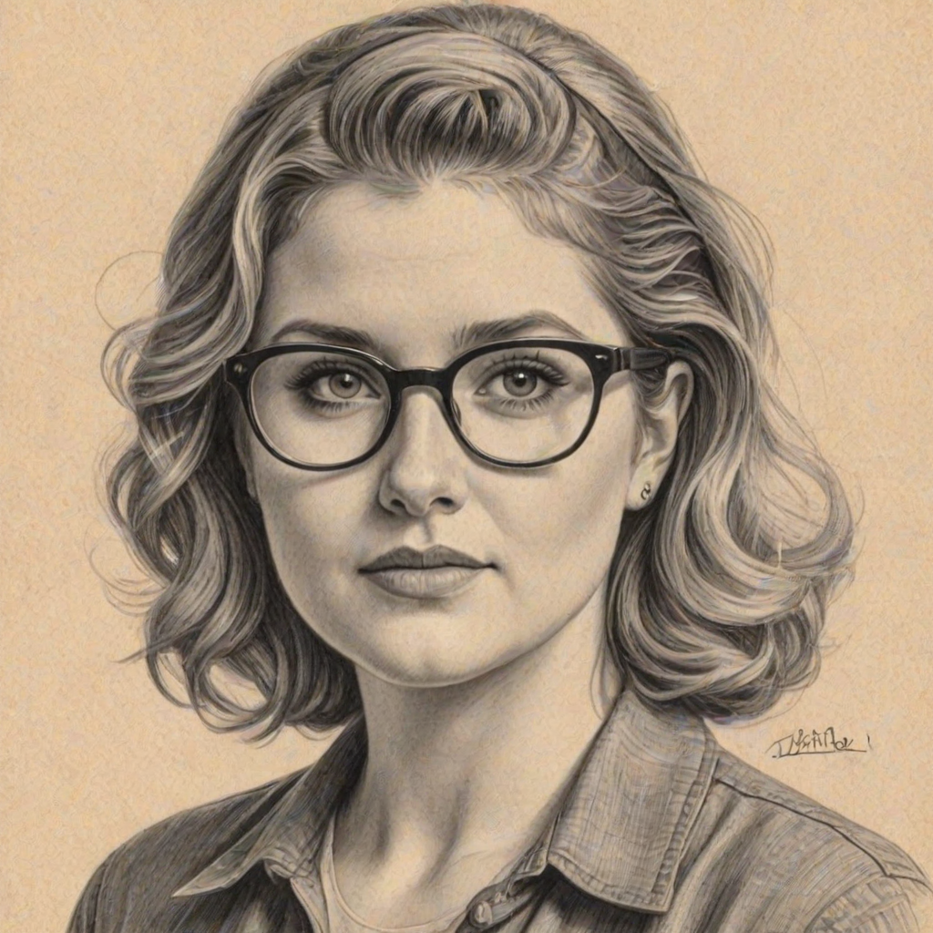 Bewitching Jillian Bell, pencil sketch, portrait of Pleasing woman 1956s in glasses, hair style beatnik, outline, clear lines, fine lines, 8k