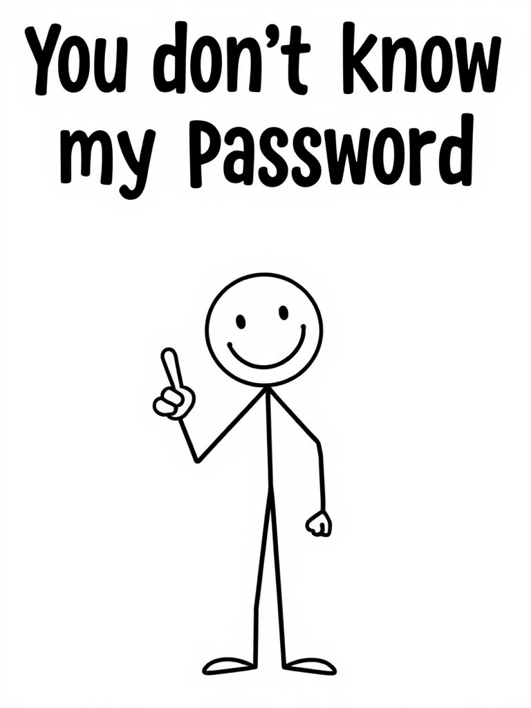 Create an image of a simple cartoon stick figure with a smiley face holding up one hand with a raised finger. The background should be a light color. Add the text You dont know my password in a bold, playful font above the figure.