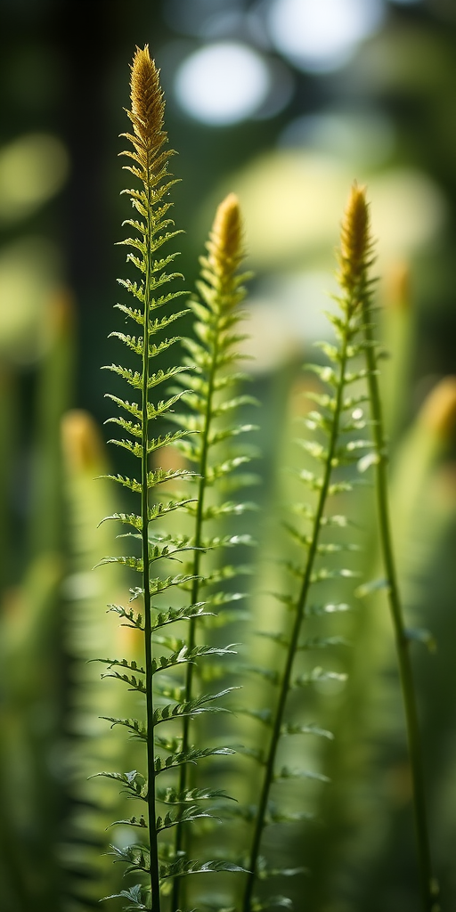 tall ferns in a soft focus background, shallow depth of field, natural daylight, ISO 100, f/2.8, 50mm lens, macro photography, digital camera