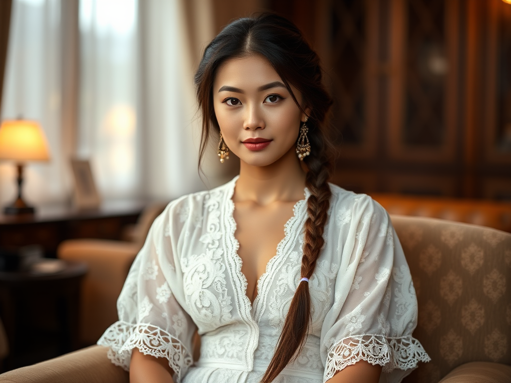 Create a portrait of a refined and elegant Tibetan woman seated in a sophisticated setting. She has long, wavy hair styled in two thick braids that are pulled over her shoulders. She wears a white, lace gown with intricate patterns, featuring a deep V-neckline and short sleeves. The dress exudes a vintage charm with its delicate lacework. She is adorned with ornate, dangling earrings that add a touch of glamour to her appearance. The background is softly lit, with warm, ambient lighting that creates a cozy and inviting atmosphere. Her expression is poised and serene, capturing a sense of grace and elegance.