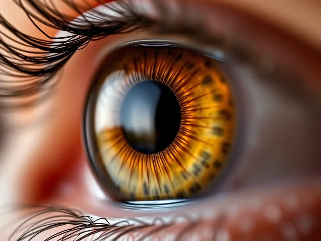Close-up of an eye with intricate details and vibrant colors, f/2.8 aperture, ISO 100, 50mm lens, macro photography, natural light, shallow depth of field, focus on the iris texture.