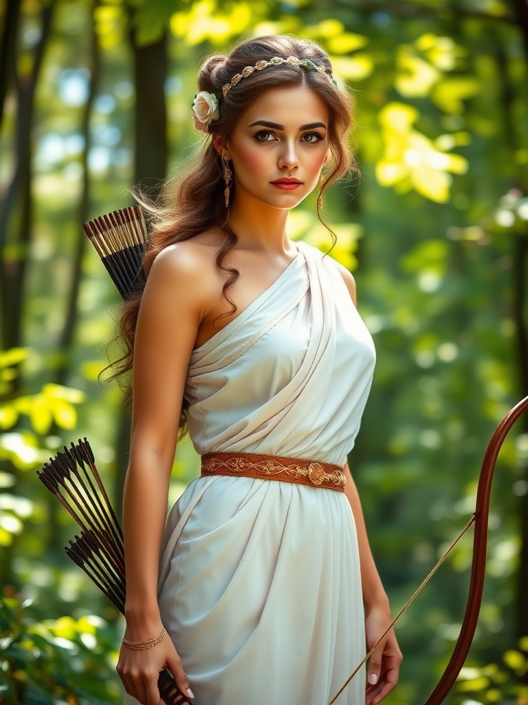 Create a portrait of a goddess-like Coptic girl figure in a tranquil, forested environment. She has an elegant appearance with long, wavy hair styled in an updo and adorned with a delicate, floral headband. She wears a flowing, ancient Greek-inspired gown in a soft, pale color, featuring a one-shoulder design and draped fabric that accentuates her graceful form. The outfit includes a decorative belt with ornate gold detailing, and she holds a bow in her hand, with a quiver of arrows slung over her shoulder. The background depicts lush greenery, with sunlight filtering through the trees, casting a gentle, ethereal light on the scene. Her expression is calm and contemplative, embodying a sense of wisdom and serenity.