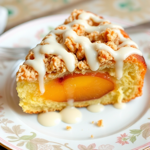 A slice of peach crumb cake on a decorative plate with a golden crust and crumbly topping drizzled with a creamy glaze showcasing juicy peach slices inside.