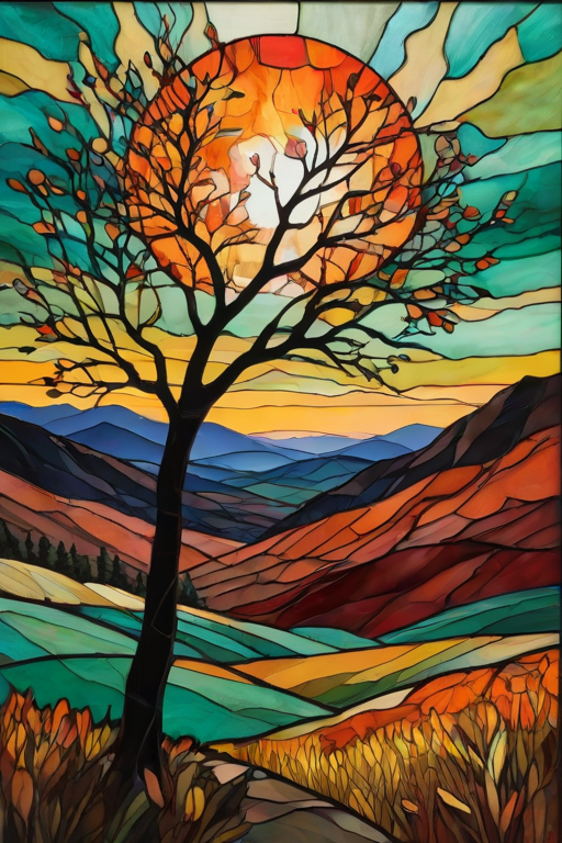A vibrant abstract painting on Tiffany Glass, blending acrylic and alcohol ink techniques, captures a dramatic sunset over rolling hills. The artwork features a textured, rocky foreground in green and brown, layered abstract hills, and a striking sunset in rich oranges, yellows, and reds. A solitary black tree with intricate branches contrasts against the fiery sky, creating a dynamic and expressive portrayal of a breathtaking natural scene.