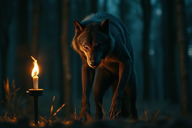 Create a highly detailed and dramatic image of a menacing werewolf standing in a dark forest, illuminated by a flickering torch, using a DSLR camera with a 50mm lens, aperture set to f/1.8, ISO 100, and a shallow depth of field to enhance the subject while softly blurring the background.