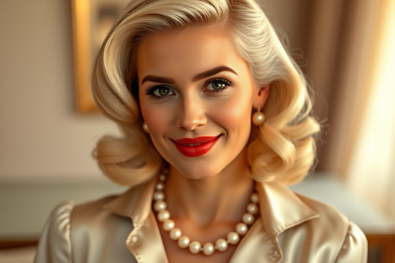 A beautiful Hispanic woman reminiscent of 1950s Hollywood glamour, with perfectly styled blonde hair and a seductive smile, dressed in a satin blouse and adorned with pearls, soft and warm tones, photorealistic, 8K