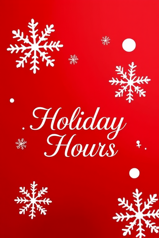 Create an image featuring a red background with a glossy finish, displaying elegant white snowflakes and circles, with the text "Holiday Hours" in an ornate script font, using a DSLR camera with a 50mm lens, aperture set to f/1.8, shutter speed of 1/200s, and ISO 100 for vibrant color and depth of field.