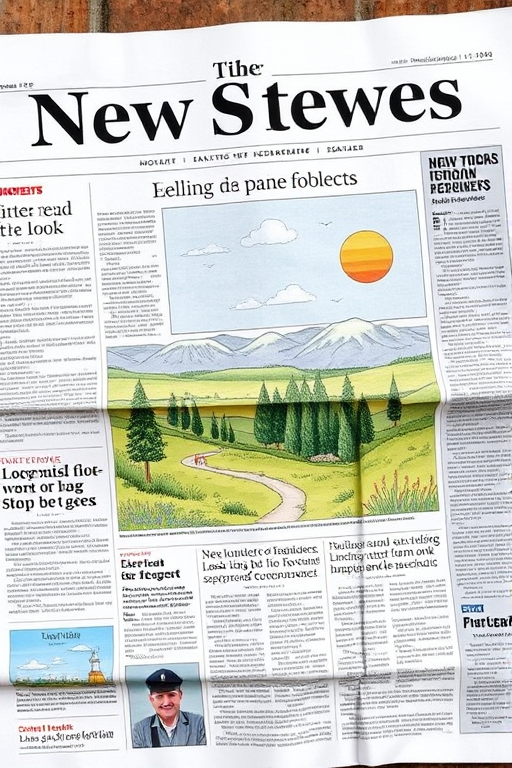 Create an image of a newspaper with an illustrated landscape scene, using a DSLR camera with a 50mm lens, aperture set to f/1.8, ISO 100, shot from a top-down view, with natural lighting to enhance clarity and detail in the design.