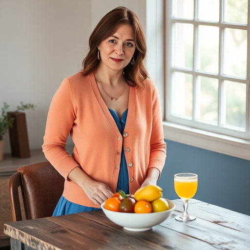 A woman in a peach cardigan and blue dress stands by a rustic table with a bowl of fruit and a glass of drink, soft natural lighting, camera type: DSLR, camera style: portrait, camera settings: f/2.8, ISO 200, shutter speed 1/125.