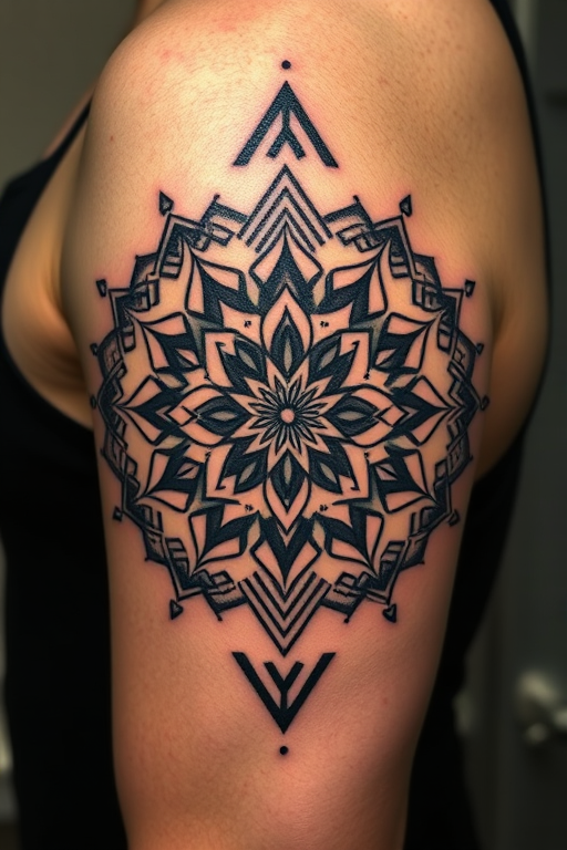Geometric blackwork tattoo called "Sacred Symmetry" combining intricate mandala patterns with sharp angles and dotwork shading to create a three-dimensional optical illusion effect on the skin