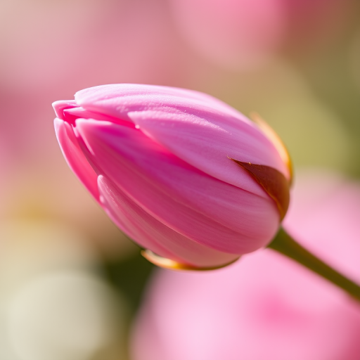 macro photography of a pink flower bud, shallow depth of field, f/2.8 aperture, ISO 100, 50mm lens, soft natural lighting, taken with a DSLR camera, side view focusing on details
