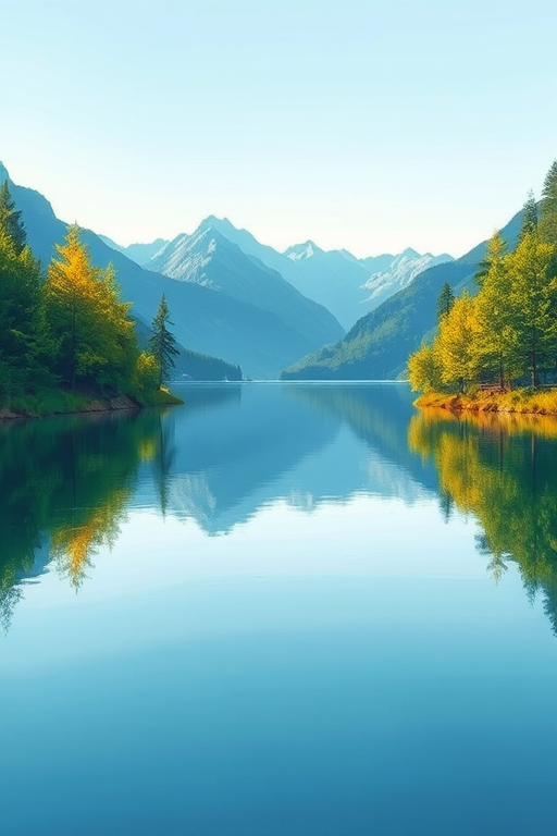 create a serene landscape illustration featuring vibrant green trees and blue mountains reflected in calm water, shot with a Canon EOS R5 at f/8, ISO 100, 50mm lens, aerial view, in a minimalist art style, soft pastel colors