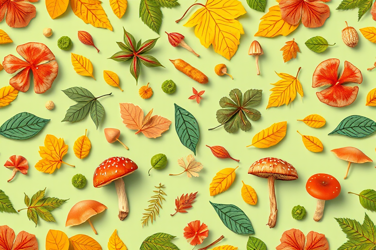 Create a seamless pattern of various leaves and mushrooms on a light green background, with a focus on vibrant colors and clear outlines, shot with a Canon EOS 5D Mark IV, aperture f/5.6, shutter speed 1/200 sec, ISO 100, in a top-down view to highlight the design intricacies.